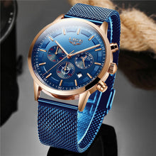 Load image into Gallery viewer, LIGE Top Brand Luxury New Fashion Simple Watch for Men Blue Dial Watch Mesh Belt Sport Waterproof Watches Moon Phase Wrist Watch